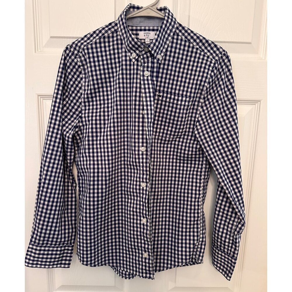 Crown & Ivy kids blue and white check dress shirt youth large